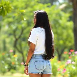 A 22-year-old Malayali girl standing with her back to the camera, wearing a casual white t-shirt and denim shorts