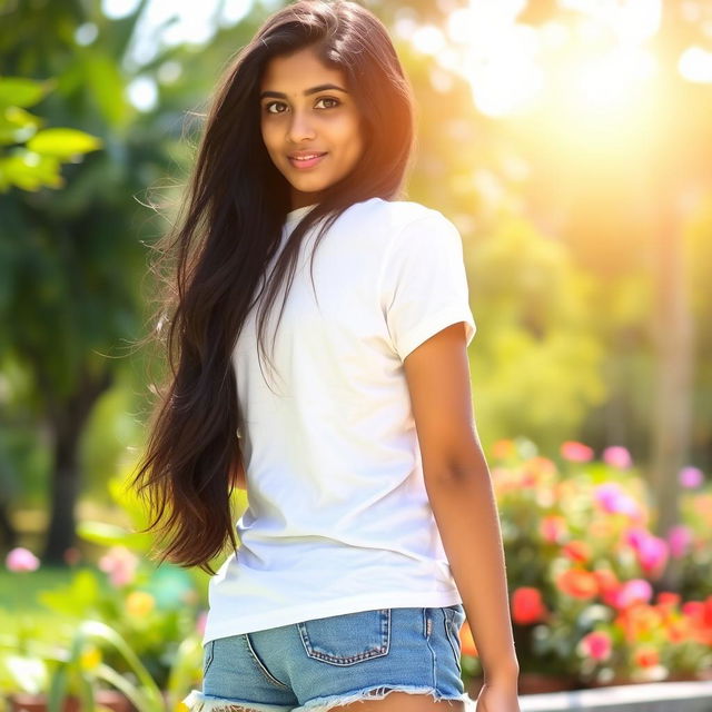 A 22-year-old Malayali girl standing with her back to the camera, wearing a casual white t-shirt and denim shorts