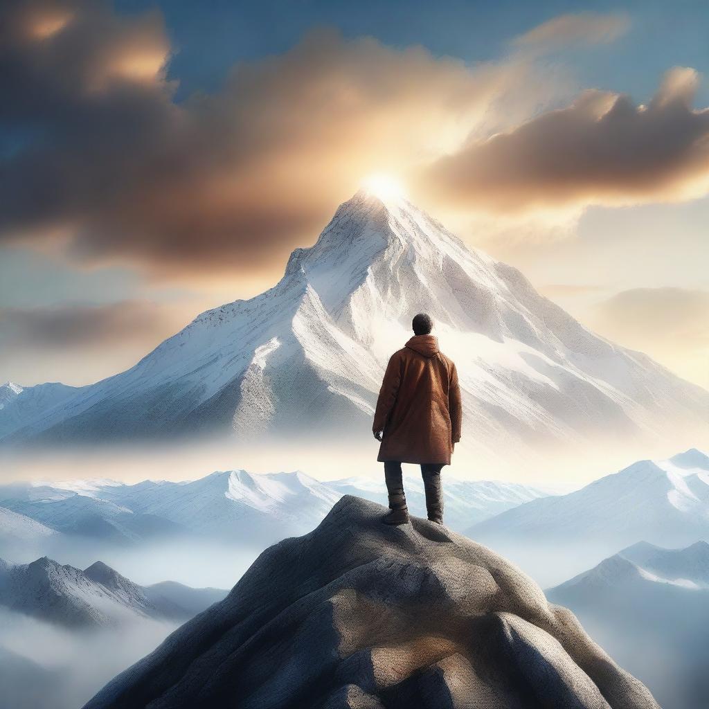 A high-quality, hyper-realistic digital art piece for a book cover, showcasing a man standing victoriously atop a mountain