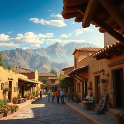 A realistic depiction of a Mexican village, featuring authentic adobe houses with weathered textures and traditional terracotta roofs