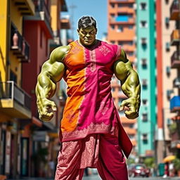 A powerful, muscular superhero resembling the Hulk, dressed in vibrant traditional Pathani attire, featuring a long kurta with intricate embroidery and loose-fitting pajamas