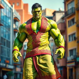 A powerful, muscular superhero resembling the Hulk, dressed in vibrant traditional Pathani attire, featuring a long kurta with intricate embroidery and loose-fitting pajamas