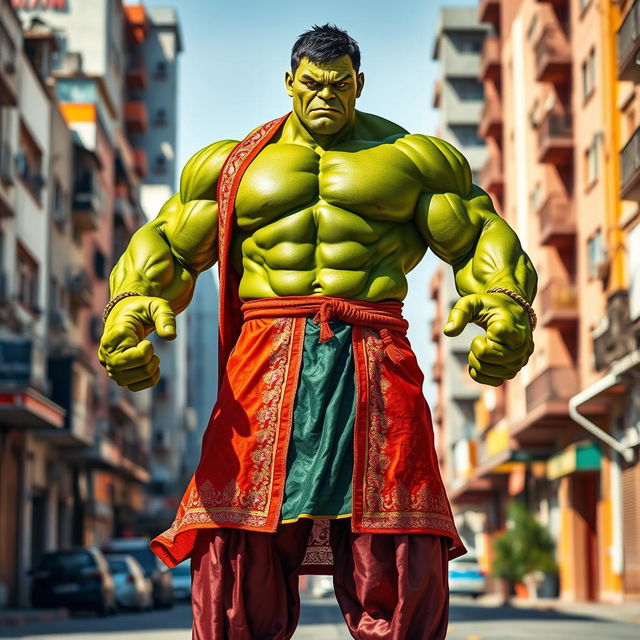 A powerful, muscular superhero resembling the Hulk, dressed in vibrant traditional Pathani attire, featuring a long kurta with intricate embroidery and loose-fitting pajamas