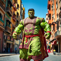 A powerful, muscular superhero resembling the Hulk, dressed in vibrant traditional Pathani attire, featuring a long kurta with intricate embroidery and loose-fitting pajamas
