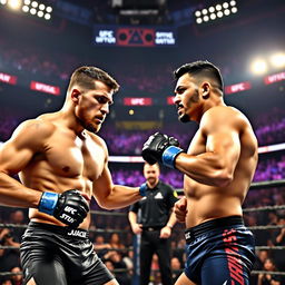 An intense mixed martial arts (MMA) fight scene showcasing Dustin Poirier and Islam Makhachev in the octagon