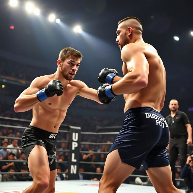 An intense mixed martial arts (MMA) fight scene showcasing Dustin Poirier and Islam Makhachev in the octagon