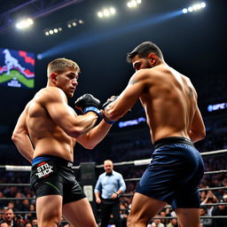 An intense mixed martial arts (MMA) fight scene showcasing Dustin Poirier and Islam Makhachev in the octagon