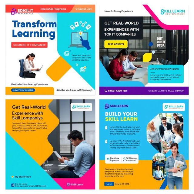 An advertisement campaign concept for an Edtech company named 'Skill Learn' that emphasizes internship programs and real-time projects sourced from IT companies