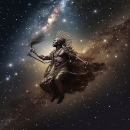 Ogun, Yoruba god of iron, flying in galaxies