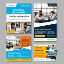 An advertisement campaign concept for an Edtech company named 'Skill Learn' that emphasizes internship programs and real-time projects sourced from IT companies