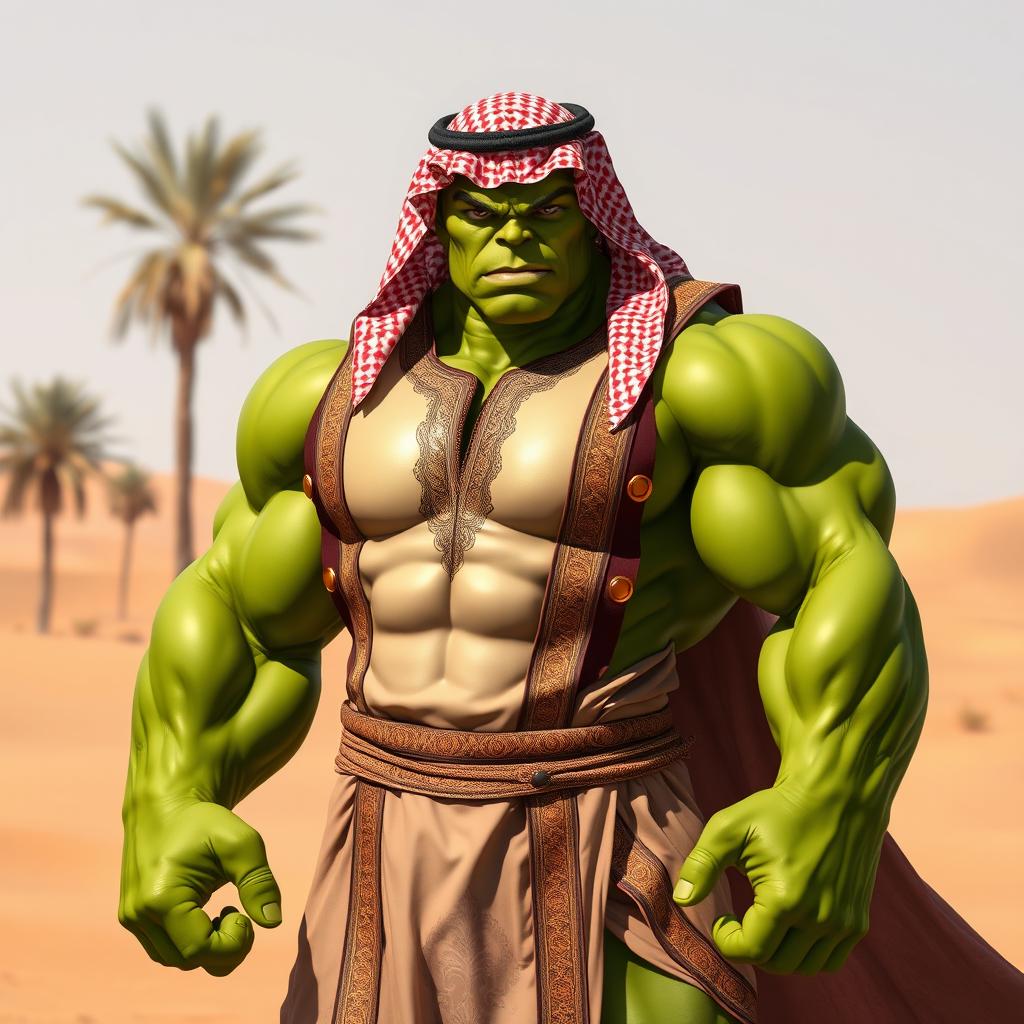 A powerful Hulk wearing a traditional Arabic outfit, featuring intricately designed patterns and vibrant colors