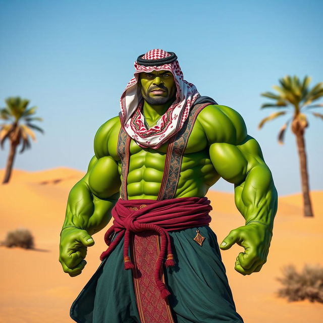 A powerful Hulk wearing a traditional Arabic outfit, featuring intricately designed patterns and vibrant colors