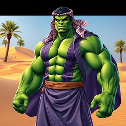 A powerful Hulk wearing a traditional Arabic outfit, featuring intricately designed patterns and vibrant colors