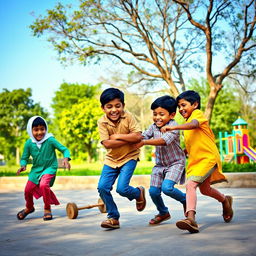 A dramatic scene in a city park depicting a group of three children of Middle-Eastern descent engaged in a game of tag or playful roughhousing with a young Indian boy