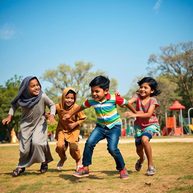 A dramatic scene in a city park depicting a group of three children of Middle-Eastern descent engaged in a game of tag or playful roughhousing with a young Indian boy