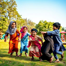 A dramatic scene in a city park depicting a group of three children of Middle-Eastern descent engaged in a game of tag or playful roughhousing with a young Indian boy