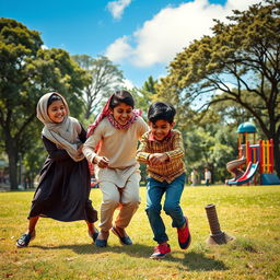 A dramatic scene in a city park depicting a group of three children of Middle-Eastern descent engaged in a game of tag or playful roughhousing with a young Indian boy