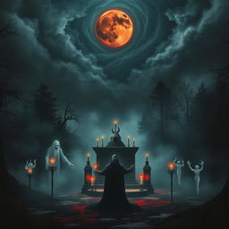 A haunting and mystical music album cover featuring a dark demonic ritual