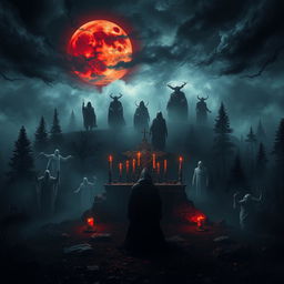 A haunting and mystical music album cover featuring a dark demonic ritual