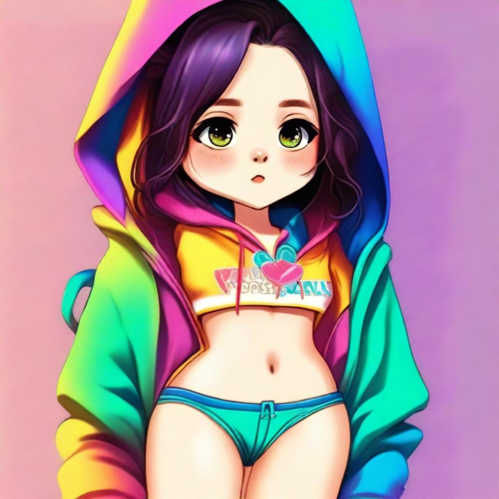 A digital art image of a cute girl wearing a hoodie and panties