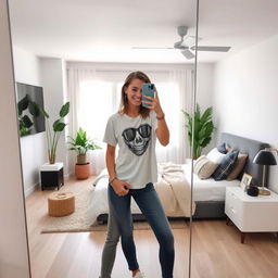 A stylish young adult taking a mirror selfie, standing in a sleek, modern bedroom