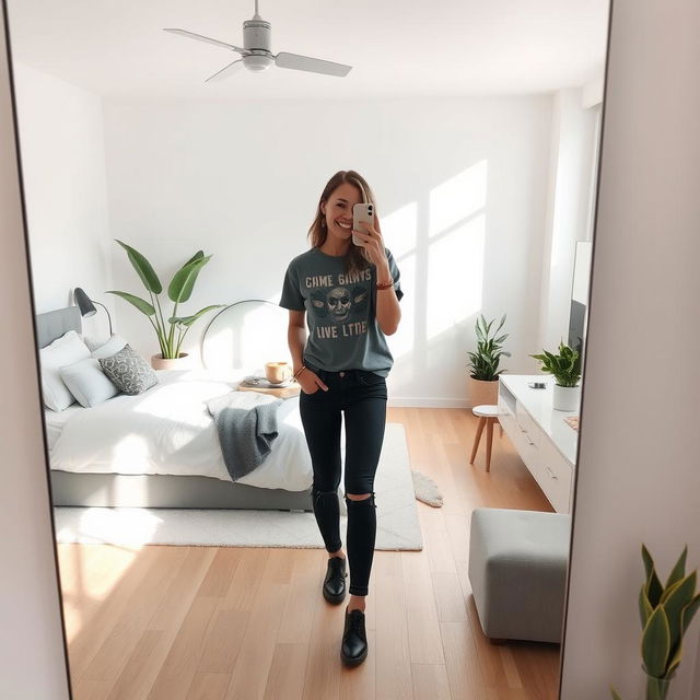 A stylish young adult taking a mirror selfie, standing in a sleek, modern bedroom