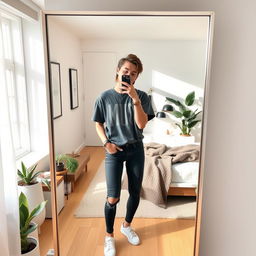 A stylish young adult taking a mirror selfie, standing in a sleek, modern bedroom