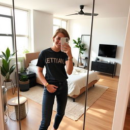 A stylish young adult taking a mirror selfie, standing in a sleek, modern bedroom