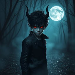 A mysterious dark devil boy with sharp features and glowing red eyes, standing under a full moon in a shadowy night setting
