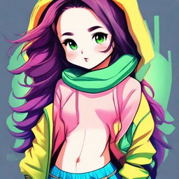 A digital art image of a cute girl wearing a hoodie and panties