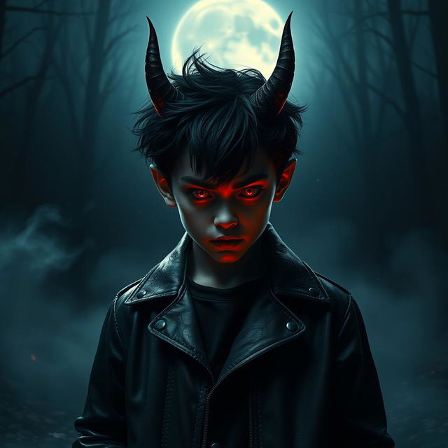 A mysterious dark devil boy with sharp features and glowing red eyes, standing under a full moon in a shadowy night setting