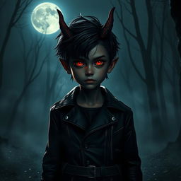 A mysterious dark devil boy with sharp features and glowing red eyes, standing under a full moon in a shadowy night setting