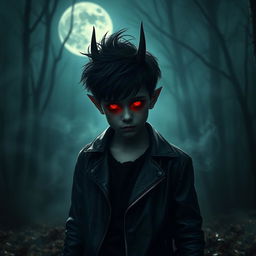 A mysterious dark devil boy with sharp features and glowing red eyes, standing under a full moon in a shadowy night setting