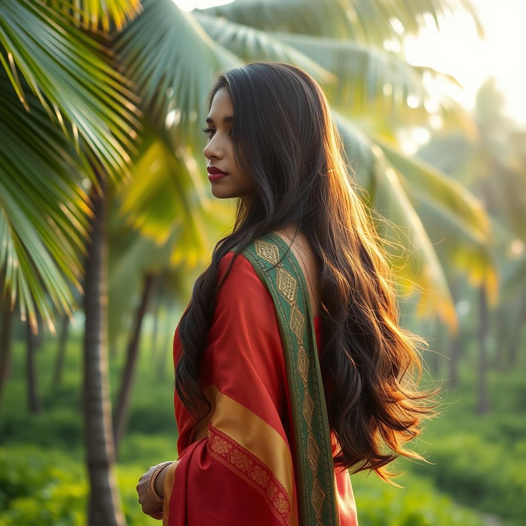 A portrait of a 22-year-old Malayali woman, with golden tan skin and long, dark hair cascading down her back
