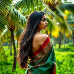A portrait of a 22-year-old Malayali woman, with golden tan skin and long, dark hair cascading down her back