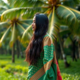 A portrait of a 22-year-old Malayali woman, with golden tan skin and long, dark hair cascading down her back
