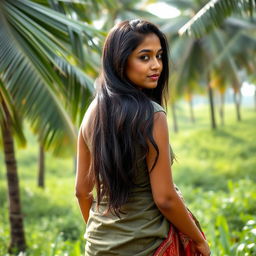 A portrait of a 22-year-old Malayali woman, with golden tan skin and long, dark hair cascading down her back