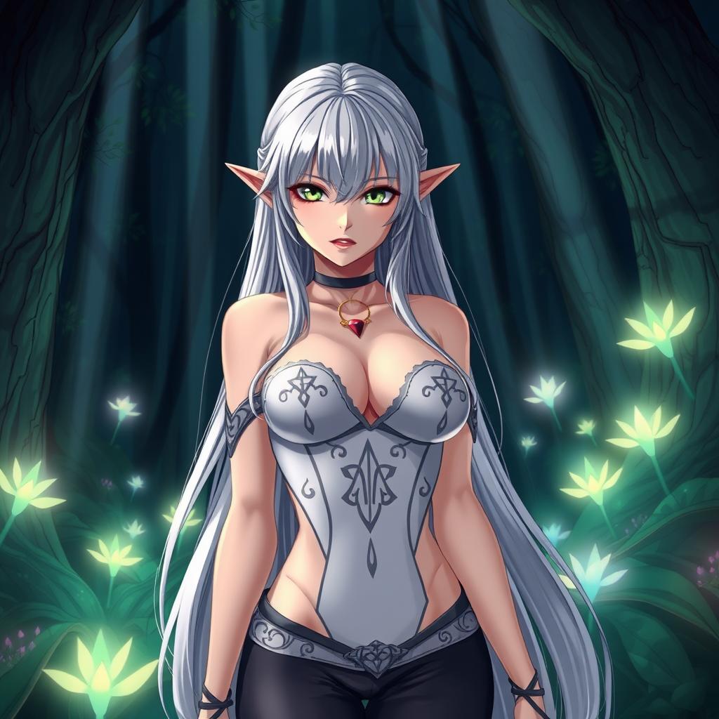 A mature anime-inspired scene featuring a beautiful elf woman with long flowing silver hair and intricate pointed ears