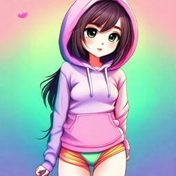 A digital art image of a cute girl wearing a hoodie and panties