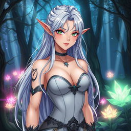 A mature anime-inspired scene featuring a beautiful elf woman with long flowing silver hair and intricate pointed ears