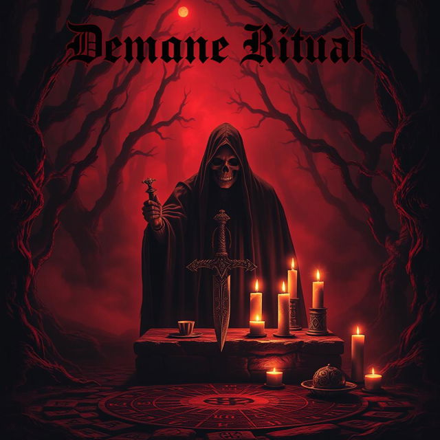 A dark and atmospheric album cover for a demonic ritual music theme