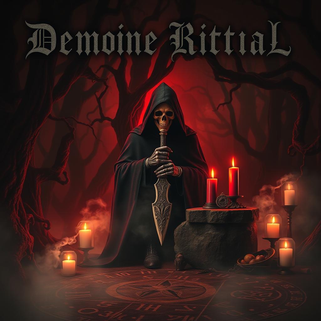 A dark and atmospheric album cover for a demonic ritual music theme