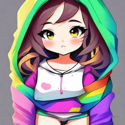 A digital art image of a cute girl wearing a hoodie and panties