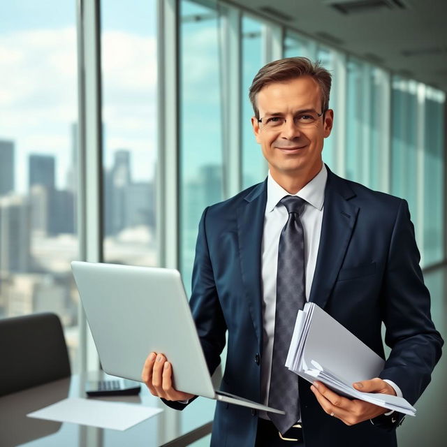 A formal portrait of a confident accountant standing in a modern office environment