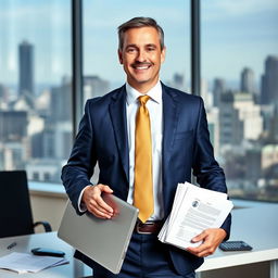 A formal portrait of a confident accountant standing in a modern office environment