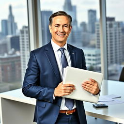 A formal portrait of a confident accountant standing in a modern office environment