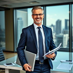 A formal portrait of a confident accountant standing in a modern office environment