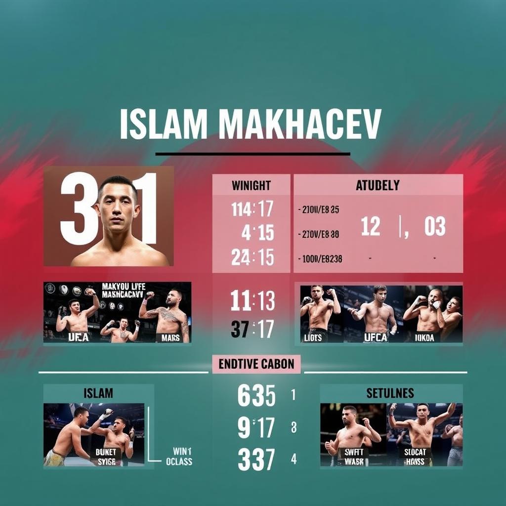 An informative infographic featuring the mixed martial artist Islam Makhachev, highlighting his biography and career achievements