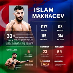 An informative infographic featuring the mixed martial artist Islam Makhachev, highlighting his biography and career achievements