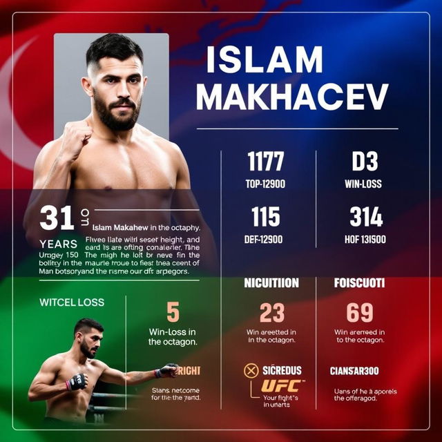 An informative infographic featuring the mixed martial artist Islam Makhachev, highlighting his biography and career achievements